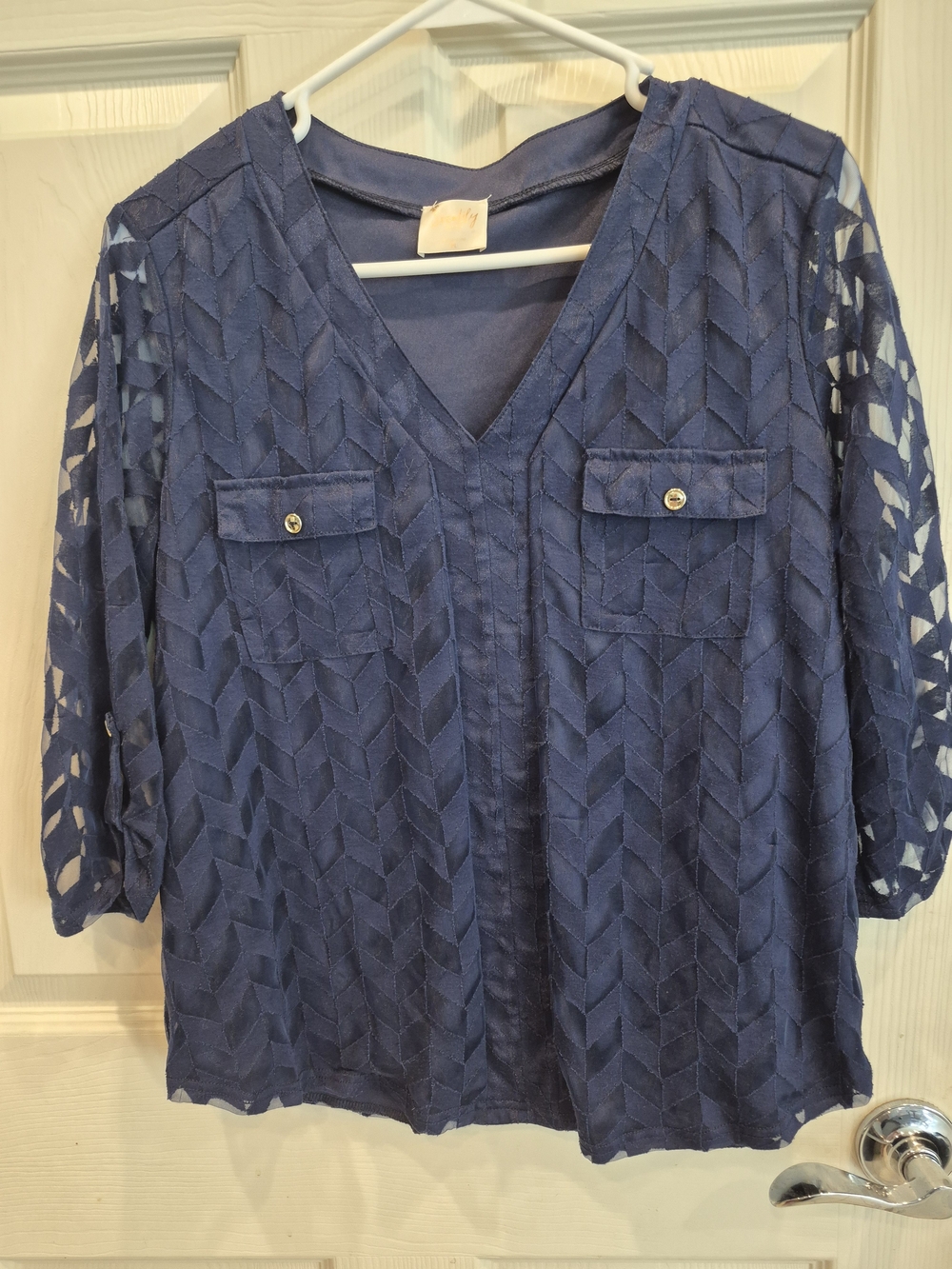5/25 Women's Navy V-Neck Lace Overlay Top